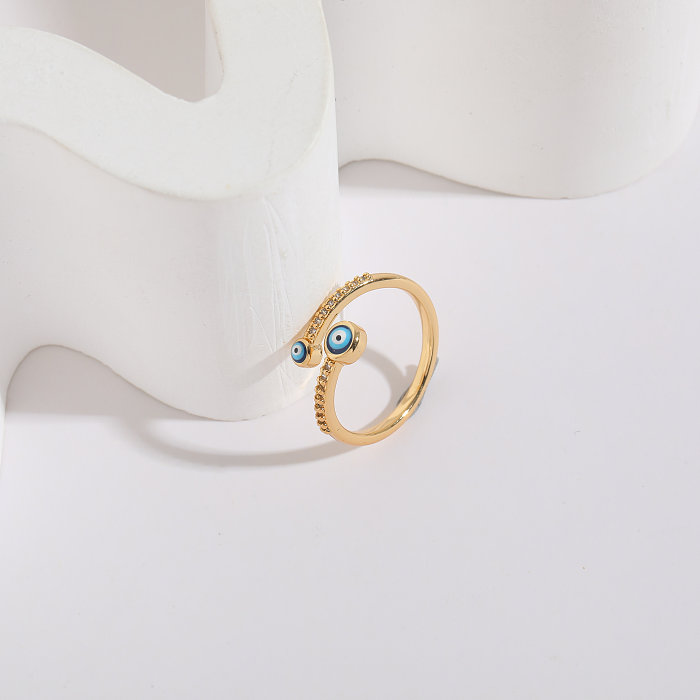 1 peça artística olho do diabo cobre assimétrico chapeamento incrustação zircão anel aberto banhado a ouro 14K