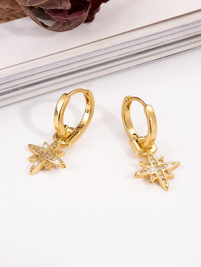 1 paire de boucles d'oreilles pendantes en cuivre et Zircon plaqué or 18 carats, Style Simple, incrustation d'étoiles
