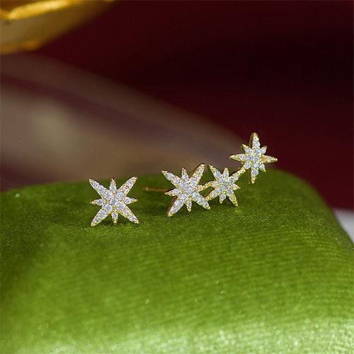1 paire de clous d'oreilles plaqués or 14 carats, Style IG Simple, étoile asymétrique, incrustation de cuivre et Zircon