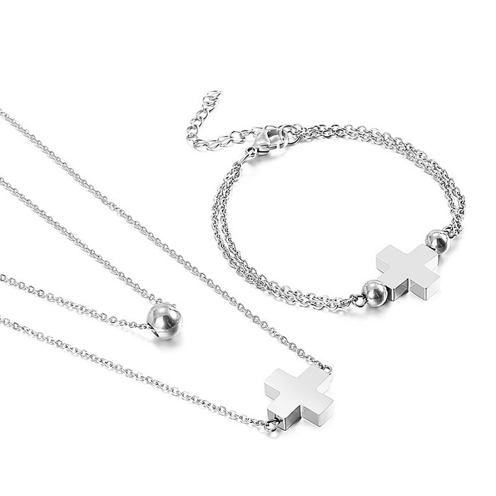 Stainless Steel Cross Double Layer Necklace Bracelet Jewelry Set