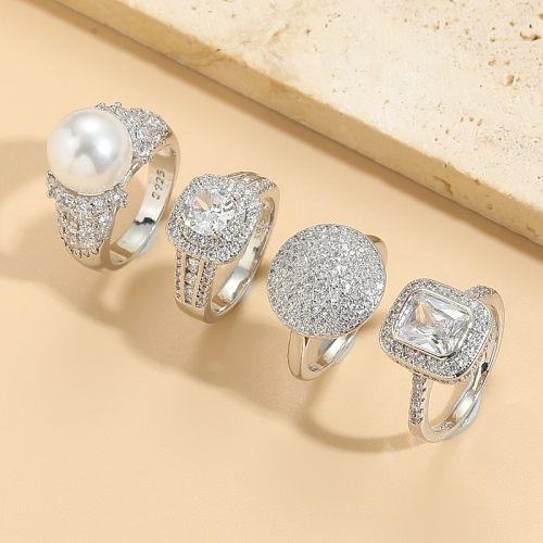 Elegant Classic Style Solid Color Copper Asymmetrical Plating Inlay Pearl Zircon 14K Gold Plated Open Rings
