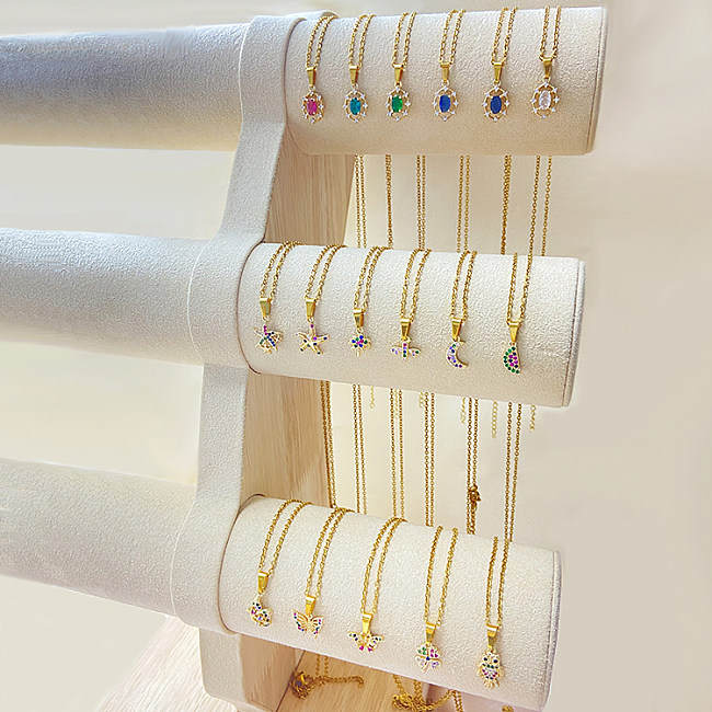 Damen-Halskette mit Anhänger, glänzend, einfarbig, Edelstahl, Kupferbeschichtung, Inlay, Strasssteine, Zirkon, vergoldet