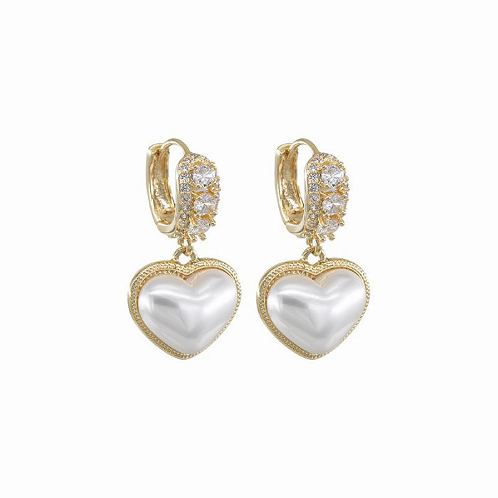 1 paire de boucles d'oreilles pendantes en forme de cœur, Style Simple, incrustation de strass en cuivre, perles