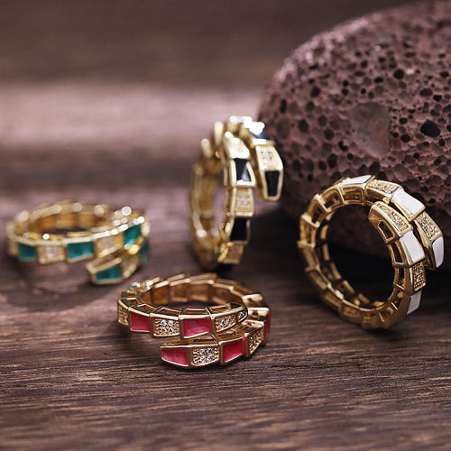Anéis abertos de zircão com incrustações geométricas de cobre retrô feminino