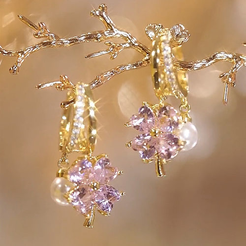 1 Paar elegante, süße Blumen-Inlay-Kupfer-Zirkon-Ohrringe