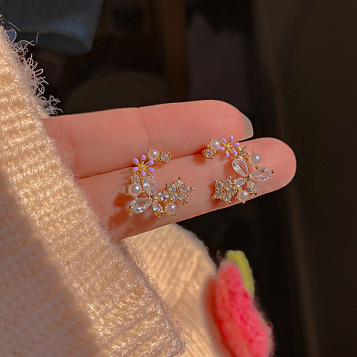 Sweet Flower Copper Inlay Artificial Pearls Zircon Ear Studs 1 Pair