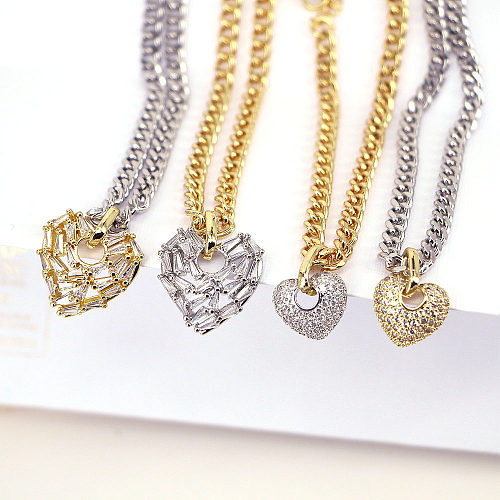 Fashion Heart Zircon Pendant Copper Electroplating Thick Chain Necklace Female