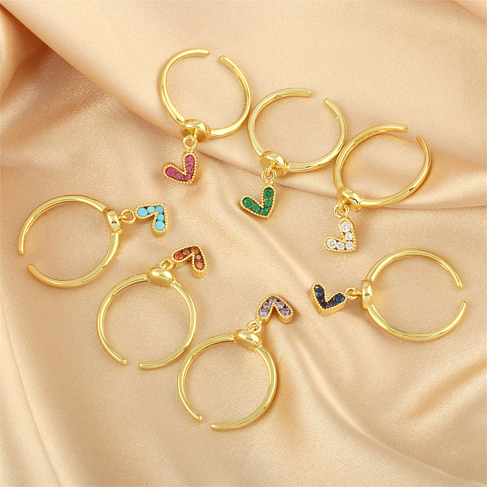 Schlichter Stil, herzförmige offene Ringe mit Kupferbeschichtung, Inlay aus Zirkon, 18 Karat vergoldet