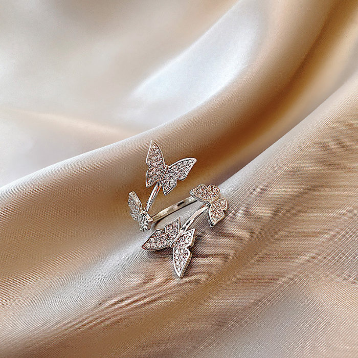 Moda geométrica borboleta cobre anel aberto incrustação pérolas artificiais strass anéis de cobre 1 peça