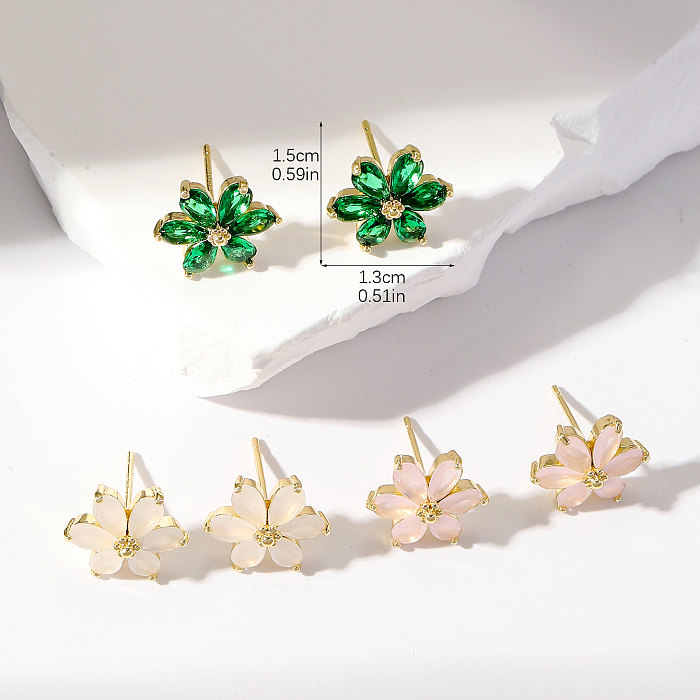 3 Pairs Korean Style Flower Plating Inlay Copper Zircon Gold Plated Ear Studs