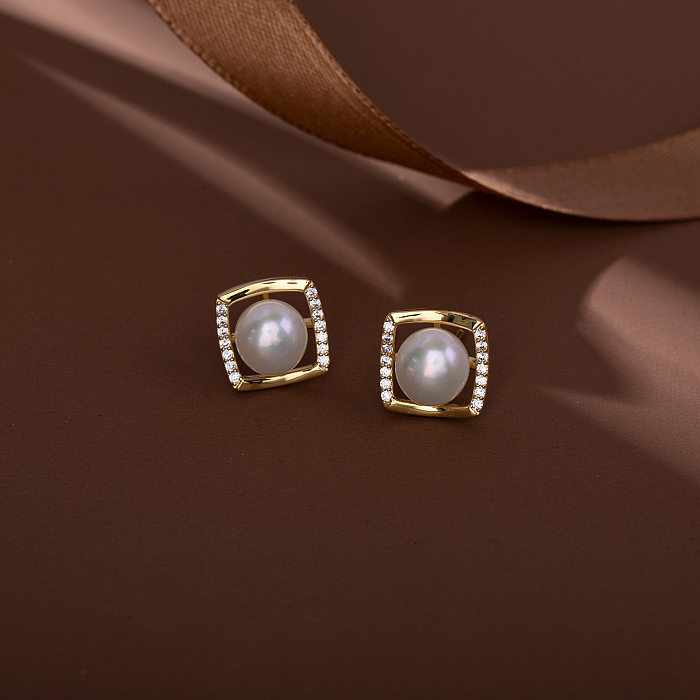 1 par de pendientes cuadrados de circonita de cobre con incrustaciones de perlas de agua dulce con diseño Original