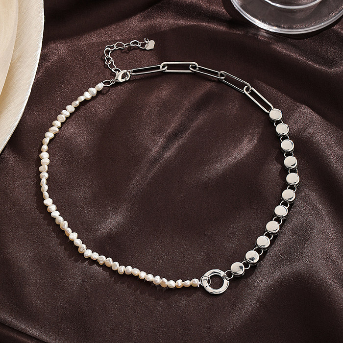 Schlichter Stil, runde verkupferte Intarsien-Süßwasserperlen-Zirkon-Halskette