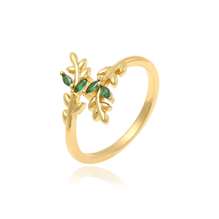 Simple Style Leaves Copper Inlay Zircon Rings