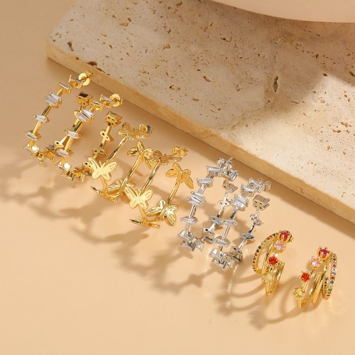 1 Pair IG Style Shiny Round Butterfly Rectangle Plating Inlay Copper Zircon 14K Gold Plated Ear Studs