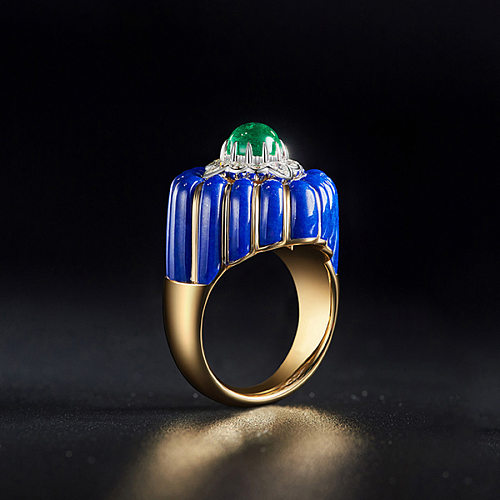 Offener Ring mit geometrischer Krone im Retro-Stil, Kupfereinlage und künstlichen Edelsteinen