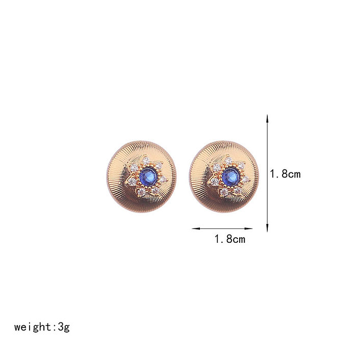 1 paire de clous d'oreilles classiques rétro, plaqués ronds en cuivre et Zircon plaqué or 18 carats