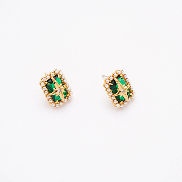 1 Pair Commute Square Inlay Copper Pearl Ear Studs