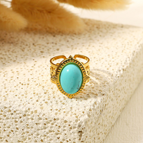 Retro Oval Titanium Steel Plating Inlay Turquoise 14K Gold Plated Open Ring