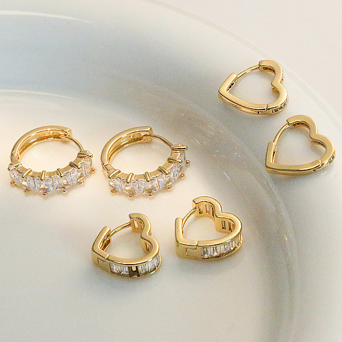 1 Pair Shiny Round Heart Shape Copper Plating Inlay Zircon 18K Gold Plated Hoop Earrings