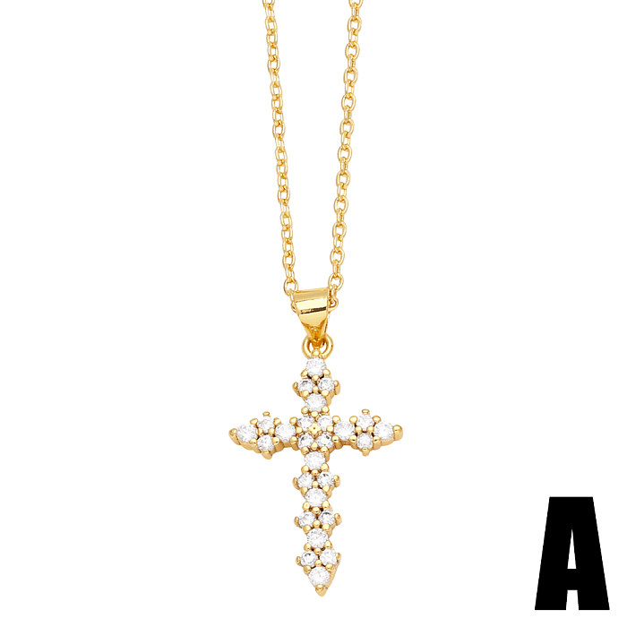 INS Style Cross Copper Plating Inlay Zircon 18K Gold Plated Pendant Necklace