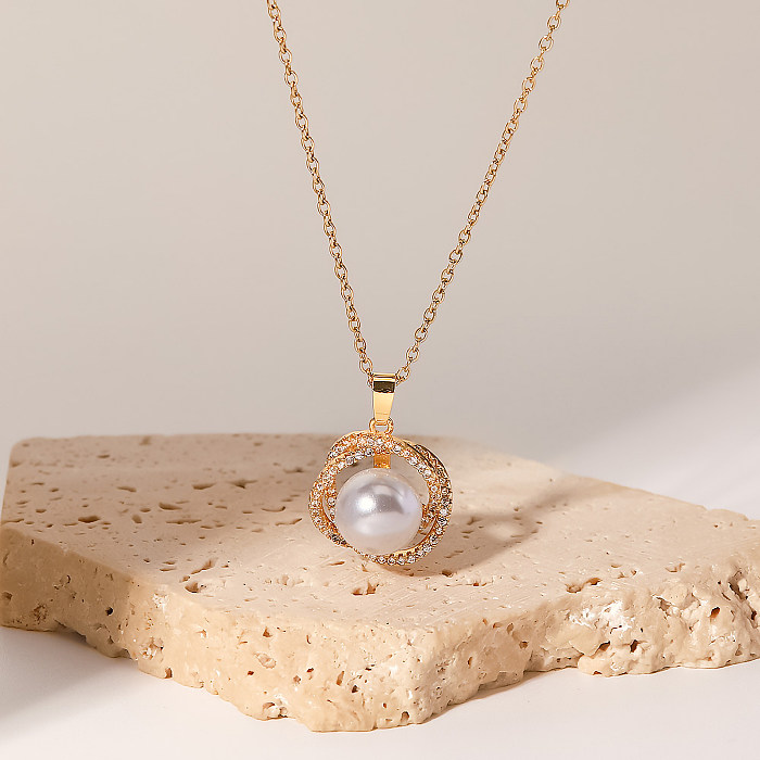 Simple Style Round Copper Plating Inlay Pearl Zircon 18K Gold Plated Necklace
