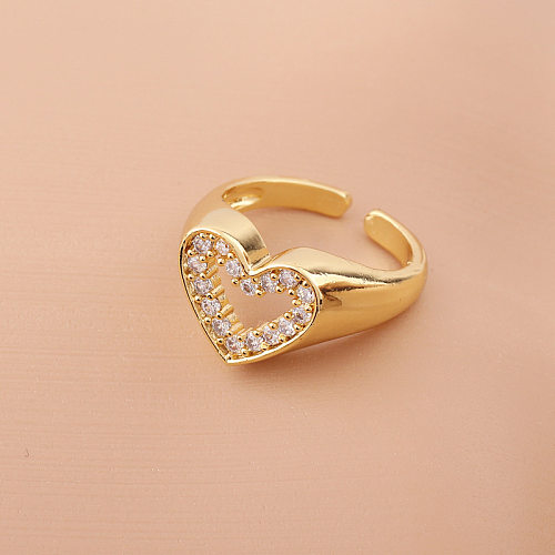 Anillo abierto de cobre con forma de corazón a la moda, anillos de cobre de circón con incrustaciones