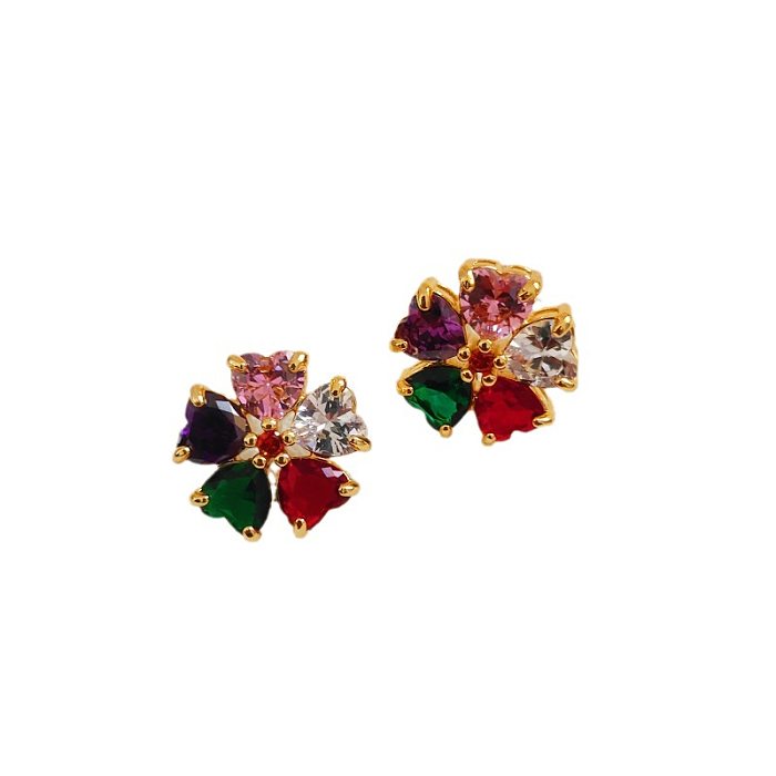 1 Pair Sweet Heart Shape Flower Plating Inlay Copper Zircon Gold Plated Earrings