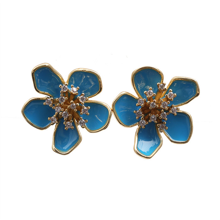 1 Pair Elegant Flower Petal Enamel Inlay Copper Zircon Gold Plated Ear Studs