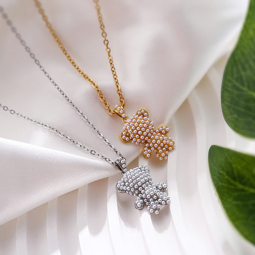 Cute Animal Bear Copper Inlay Artificial Pearls Pendant Necklace