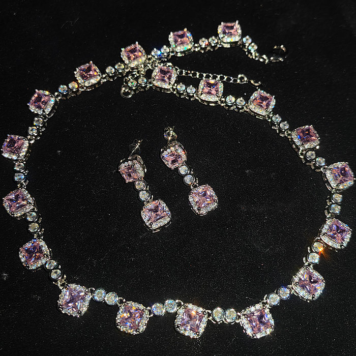 Lady Romantische glänzende quadratische Kupfer-Inlay-Zirkon-Ohrring-Halskette