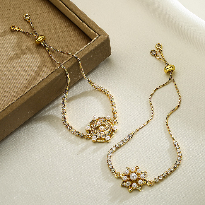 Schlichter Stil, herzförmig, verkupfert, künstliche Perlen, Zirkon, 18 Karat vergoldete Armbänder