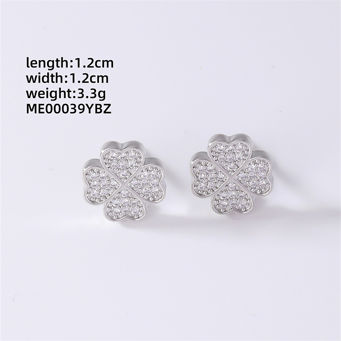 1 Pair Simple Style Four Leaf Clover Heart Shape Dollar Inlay Copper Zircon Ear Studs