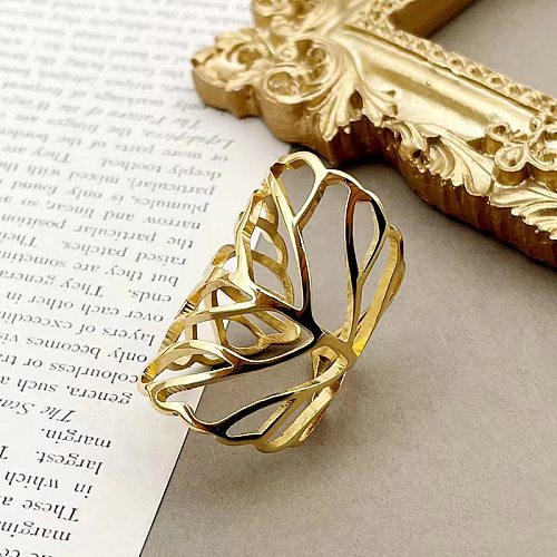 Casual Vacation Leaves Stainless Steel 14K Gold Plated Wide Band Ring In Bulk