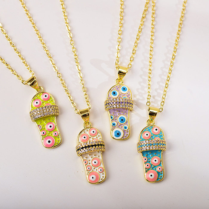 Casual Funny Slippers Eye Copper Enamel Plating Zircon Gold Plated Pendant Necklace