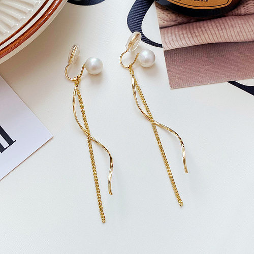 1 Pair Simple Style Tassel Copper Inlay Artificial Pearls Drop Earrings