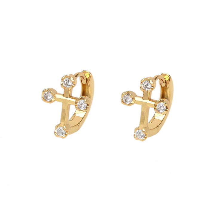 Fashion Cross Copper Hoop Earrings Gold Plated Zircon Copper Earrings
