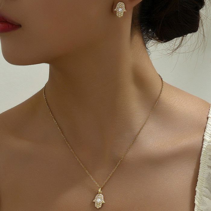 Ensemble de bijoux plaqué or avec incrustation de perles artificielles, Style Simple et élégant, en acier inoxydable