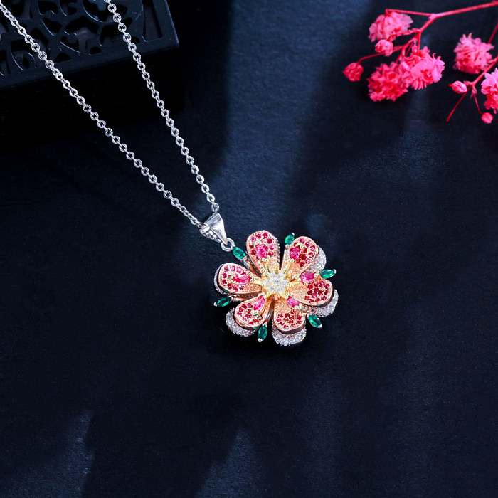 Elegante Streetwear-Ohrring-Halskette mit Blumen-Kupferbeschichtung, Inlay-Zirkon, rosévergoldet