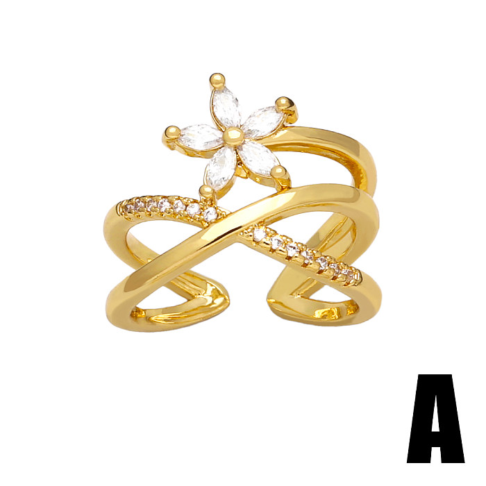 IG Estilo Elegante Streetwear Forma de Coração Flor Chapeamento de Cobre Incrustação Zircão Banhado A Ouro 18K Anéis Abertos