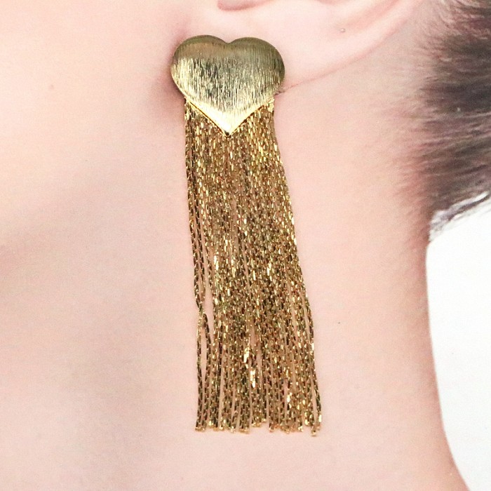 1 Piece Vintage Style Heart Shape Tassel Plating Copper Gold Plated Drop Earrings