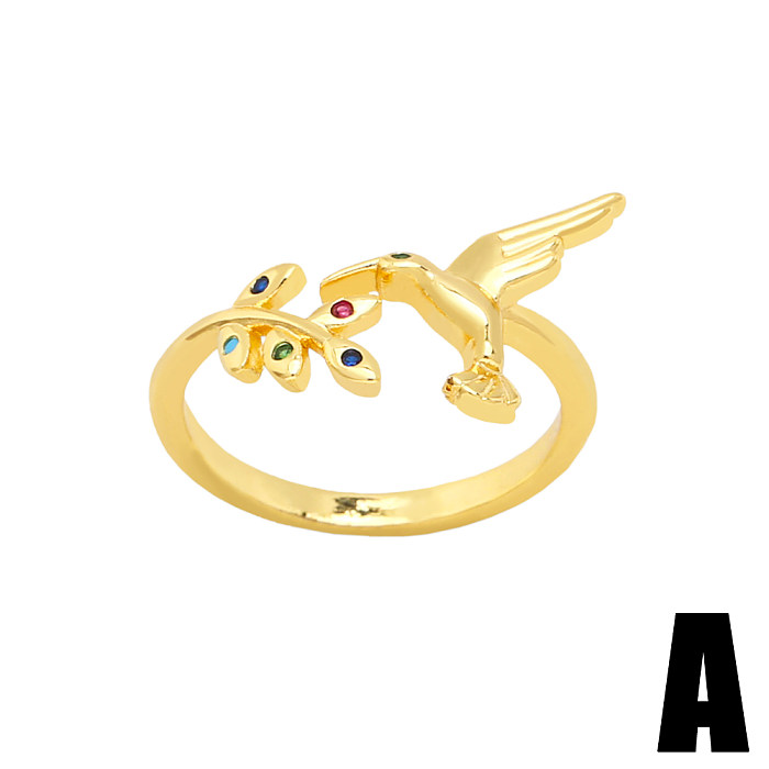Schlichter offener Ring mit Hund und Vogel, Kupfer, vergoldet, Zirkon, 1 Stück