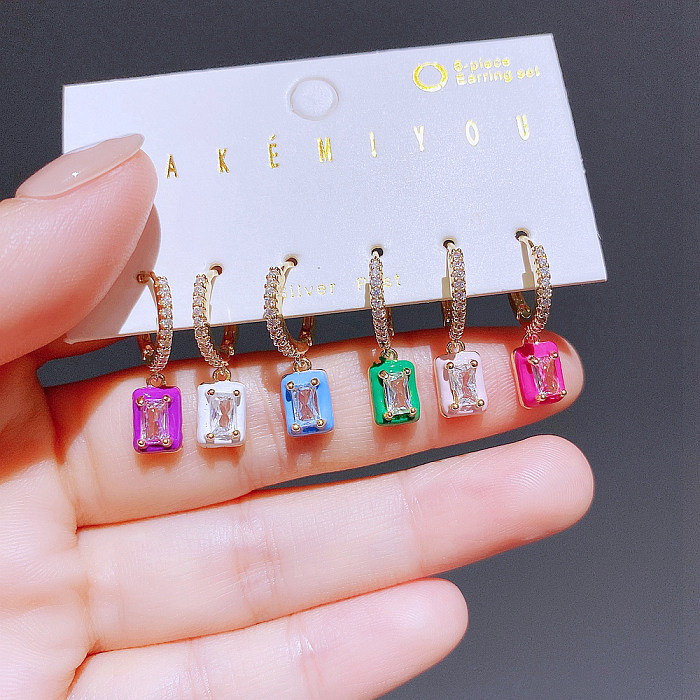 Yakemiyou Fashion Rectangle Copper Inlay Zircon Dangling Earrings 6 Pieces
