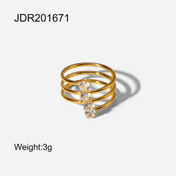 Joia de anel de aço inoxidável banhado a ouro 4K com zircônio branco europeu e americano com 18 diamantes
