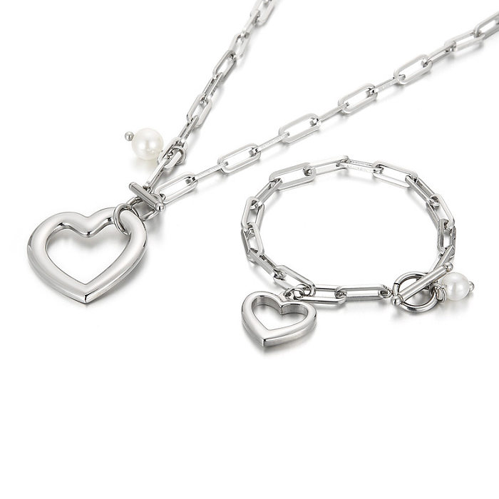 Einfaches herzförmiges Armband-Halsketten-Set aus Edelstahl mit dicker Kette und quadratischer Kette mit OT-Schnalle