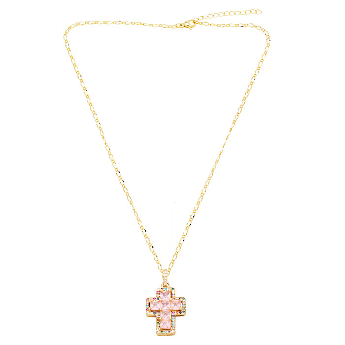 Simple Style Cross Copper 18K Gold Plated Zircon Pendant Necklace In Bulk