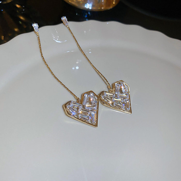 Simple Style Heart Shape Copper Drop Earrings Zircon Copper Earrings