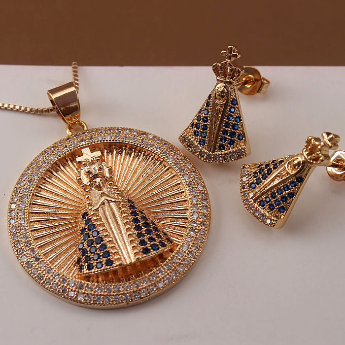 IG Style Human Round Copper Plating Inlay Zircon Gold Plated Earrings Necklace Jewelry Set