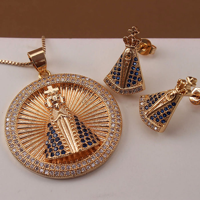 IG Style humain rond cuivre placage incrustation Zircon plaqué or boucles d'oreilles collier ensemble de bijoux