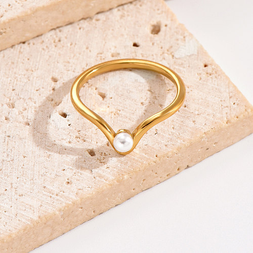 Elegante estilo simples cor sólida aço inoxidável polimento chapeamento incrustação pérolas artificiais anéis banhados a ouro 14K