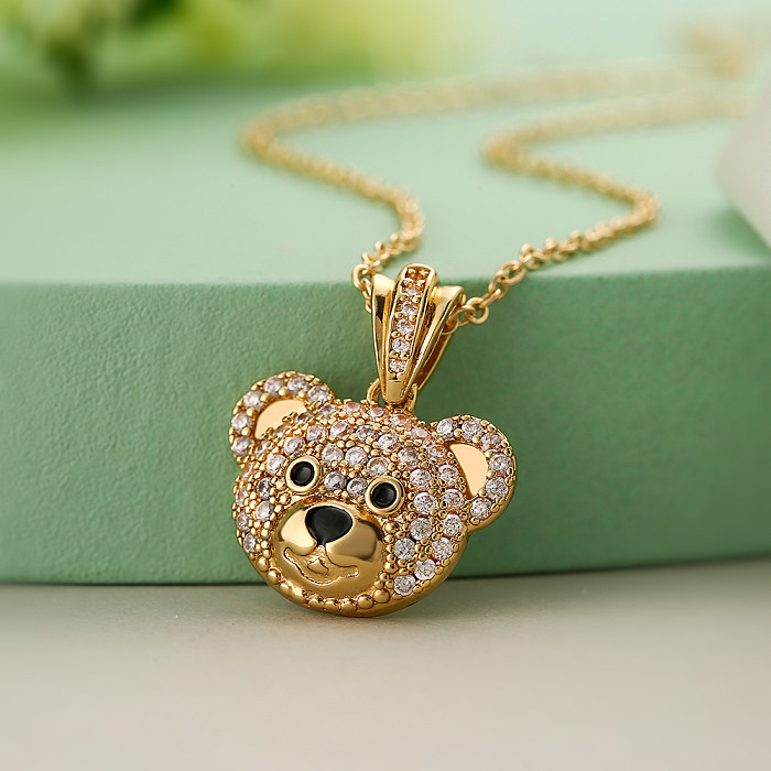Retro Simple Style Panda Cat Copper Plating Inlay Zircon 18K Gold Plated Pendant Necklace